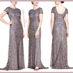 NEW $248 Adrianna Papell Short Sleeve‎ Sequin Mesh Gown in Lead [Size 4 ]